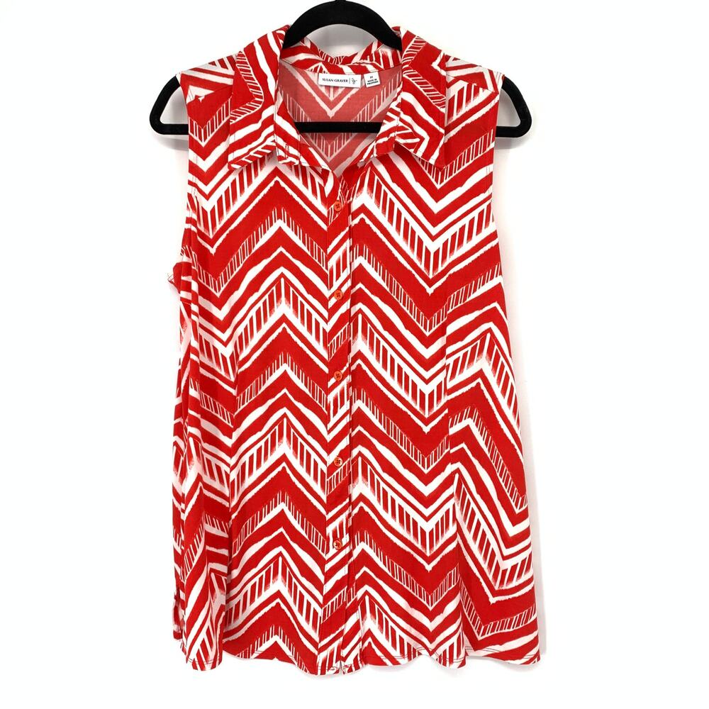 Susan Graver Button Front Sleeveless Blouse Womens Sz M Red White Chevron Print